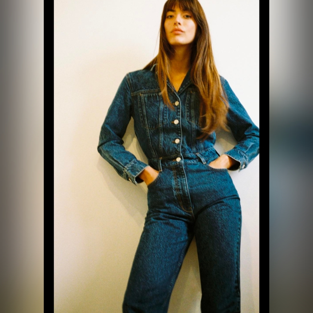 Zara Women Blue Denim Jumpsuit Long Sleeves Straight Leg M L NWT